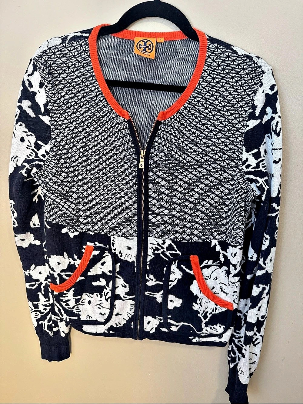 TORY BURCH Women's Floral Geometric Zip Cotton Cardigan Sweater M MEDIUM